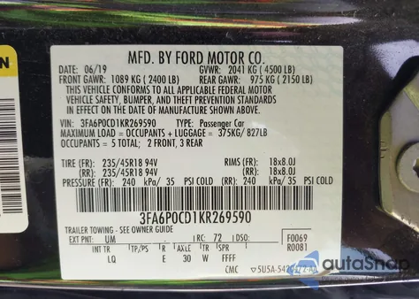 2019 Ford Fusion Sel z USA, uszkodzony, nr VIN 3FA6P0CD1KR269590